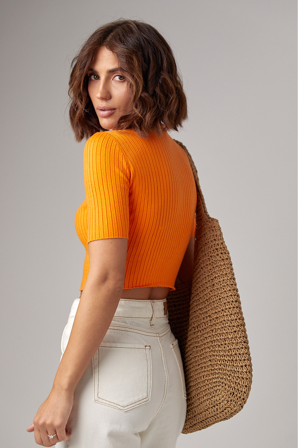 Жіноча вкорочена водолазка з коротким рукавом  помаранчевий колір