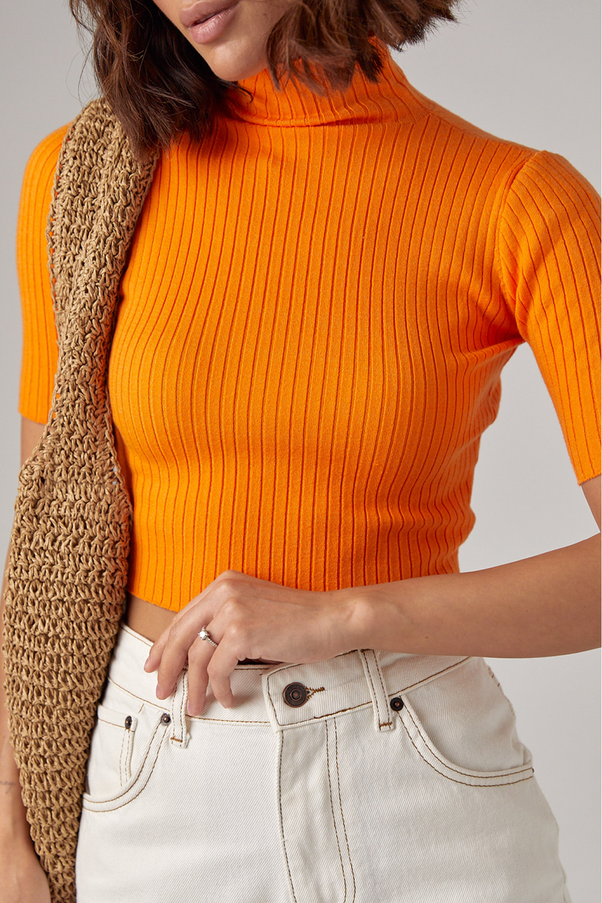 Жіноча вкорочена водолазка з коротким рукавом  помаранчевий колір