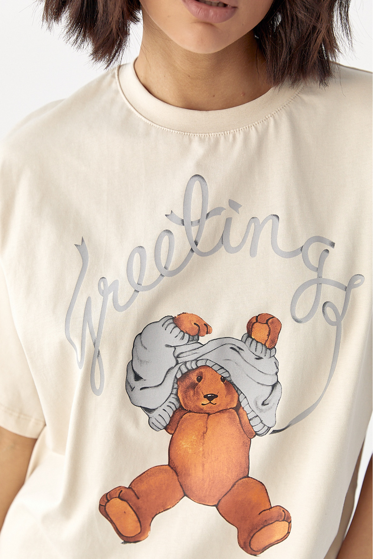 Бавовняна футболка з ведмедиком  бежевий колір