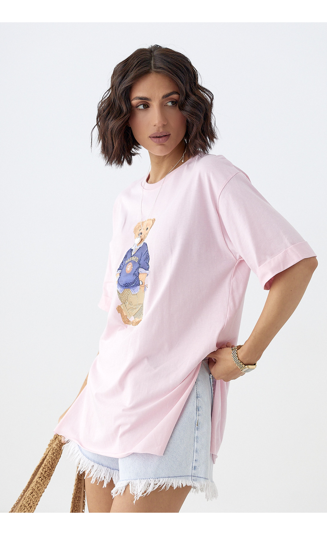 Футболка з ведмедиком і розрізами з боків  рожевий колір