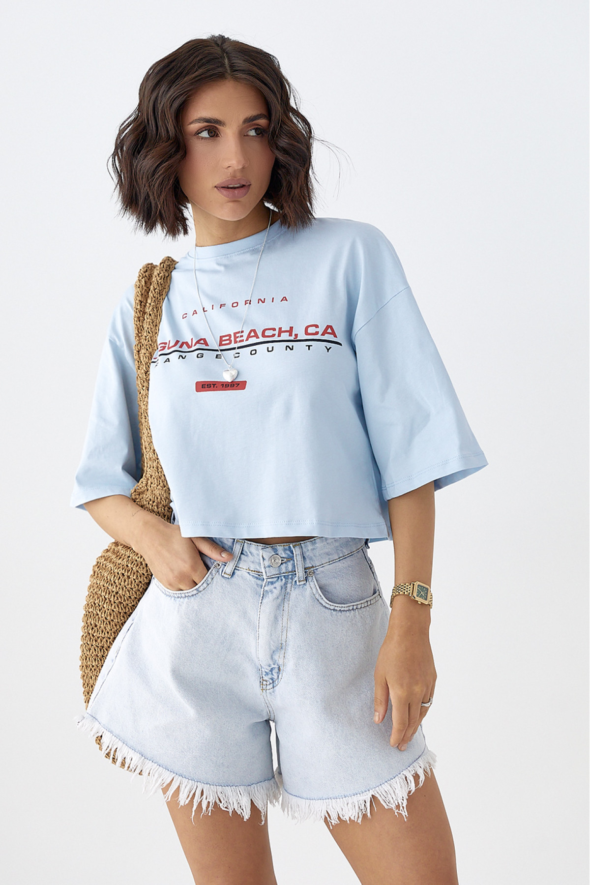 Укорочена футболка вільного крою  блакитний колір