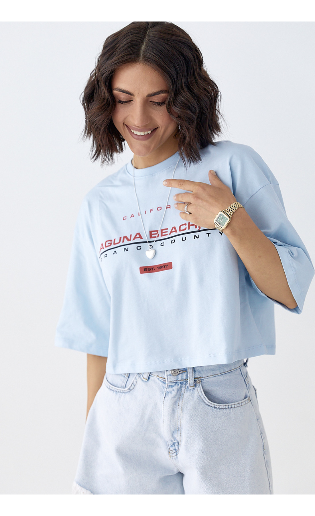 Укорочена футболка вільного крою  блакитний колір