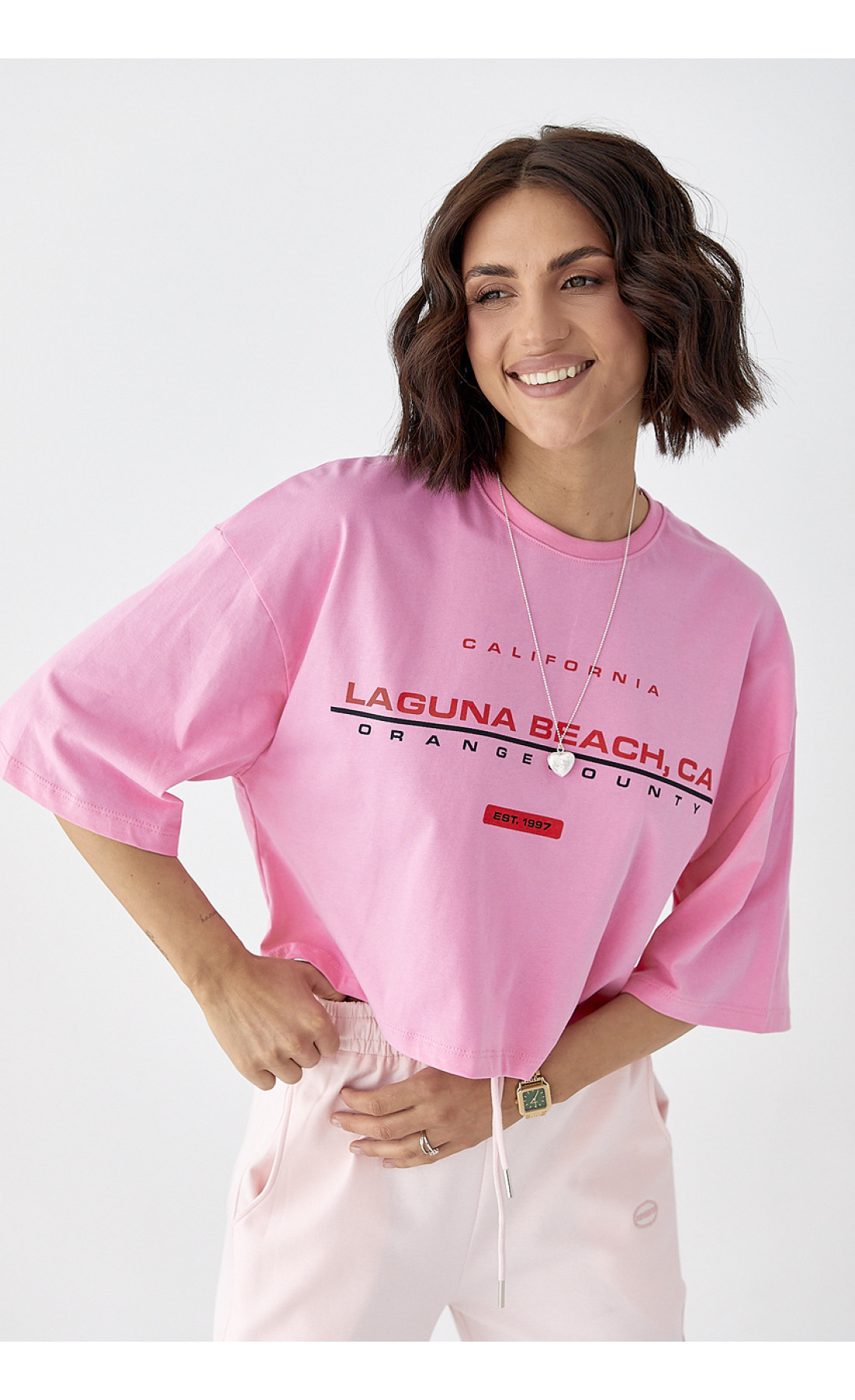 Укорочена футболка вільного крою  рожевий колір