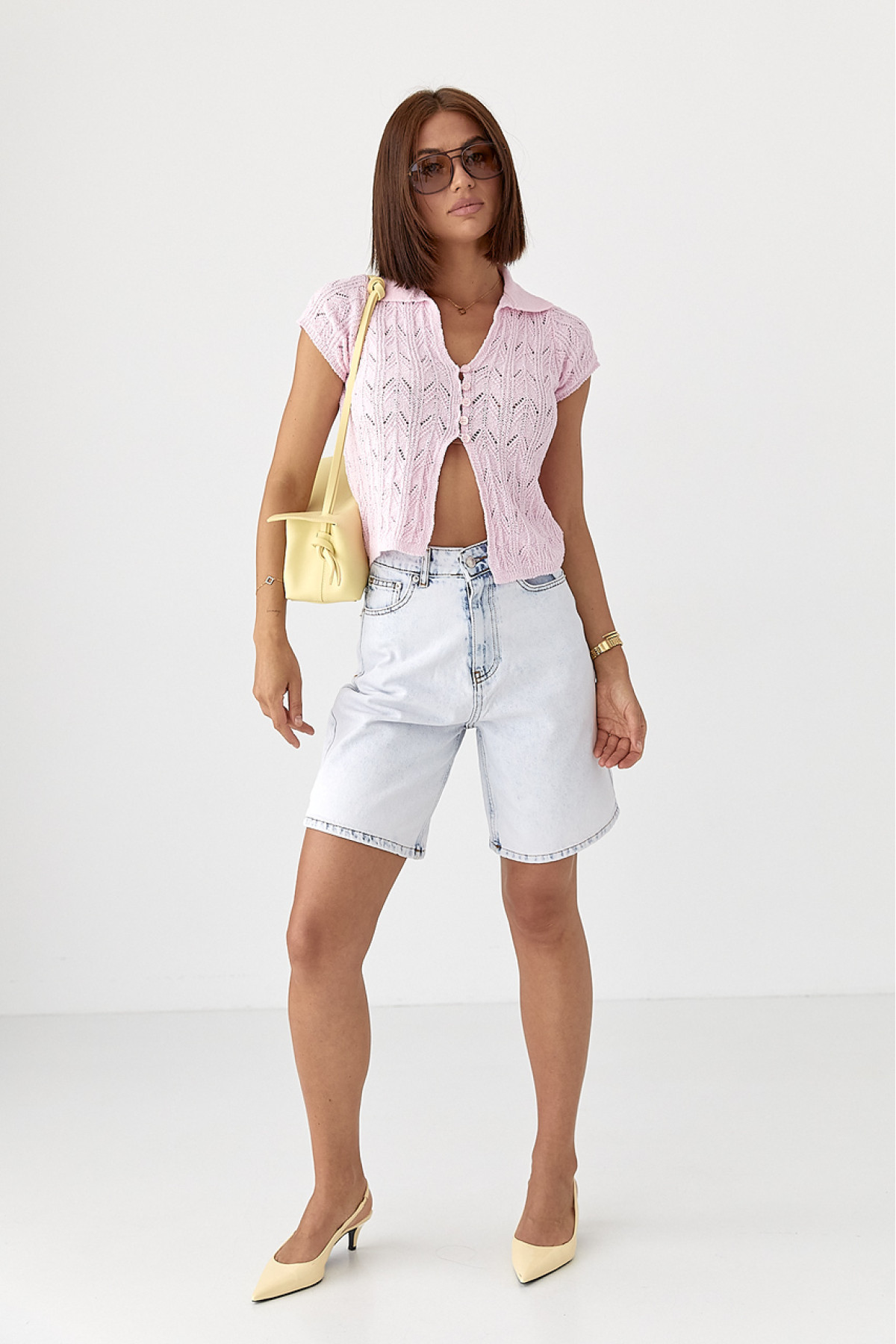 Жіноче поло на ґудзиках з ажурної в'язки  рожевий колір