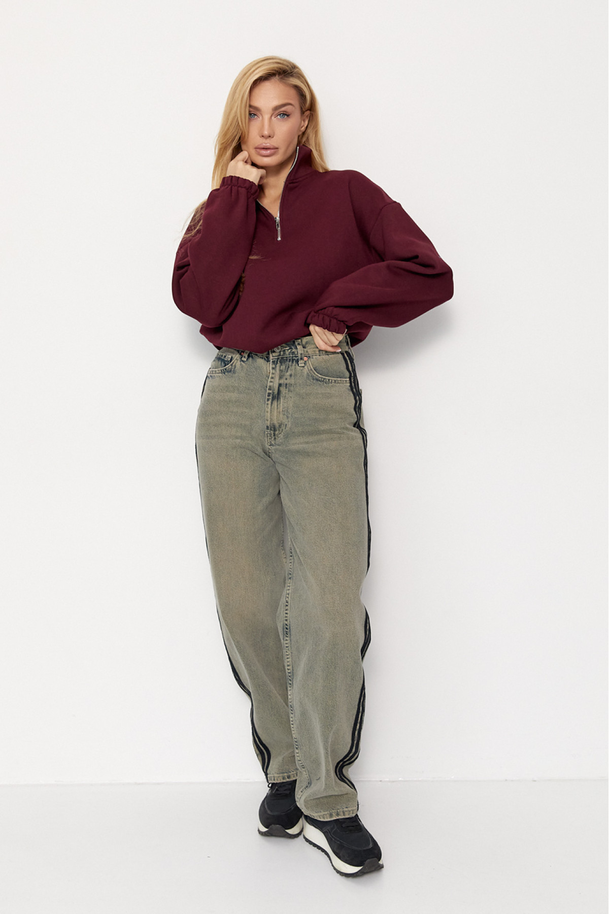 Широкі жіночі джинси з лампасами  меланж колір