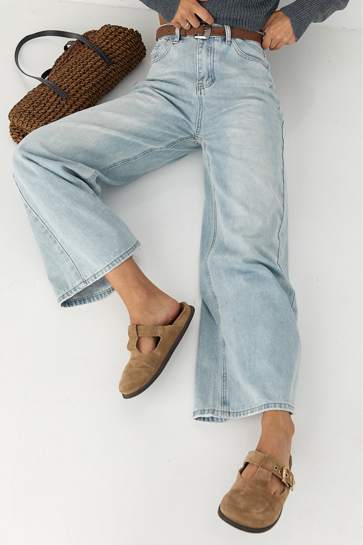 Прямі жіночі джинси Wide leg із високою посадкою  блакитний колір