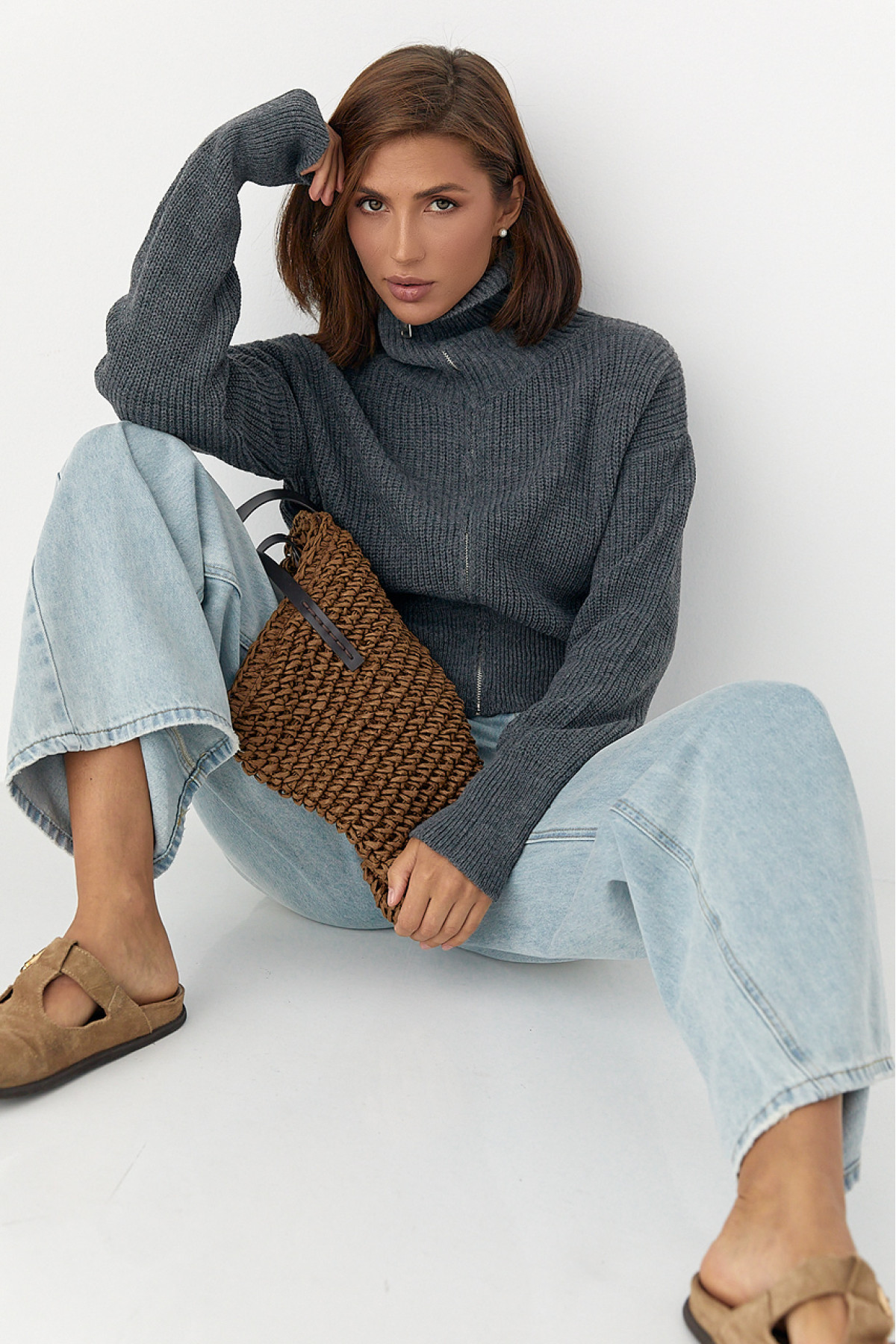 Прямі жіночі джинси Wide leg із високою посадкою  блакитний колір