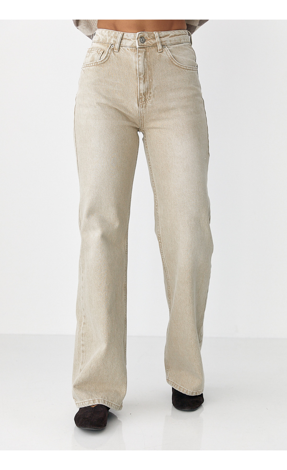 Широкі прямі жіночі джинси з високою посадкою  бежевий колір