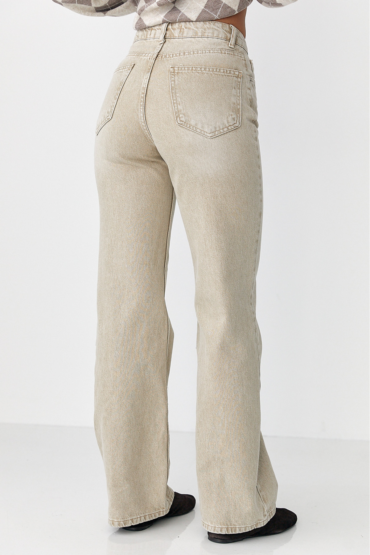 Широкі прямі жіночі джинси з високою посадкою  бежевий колір