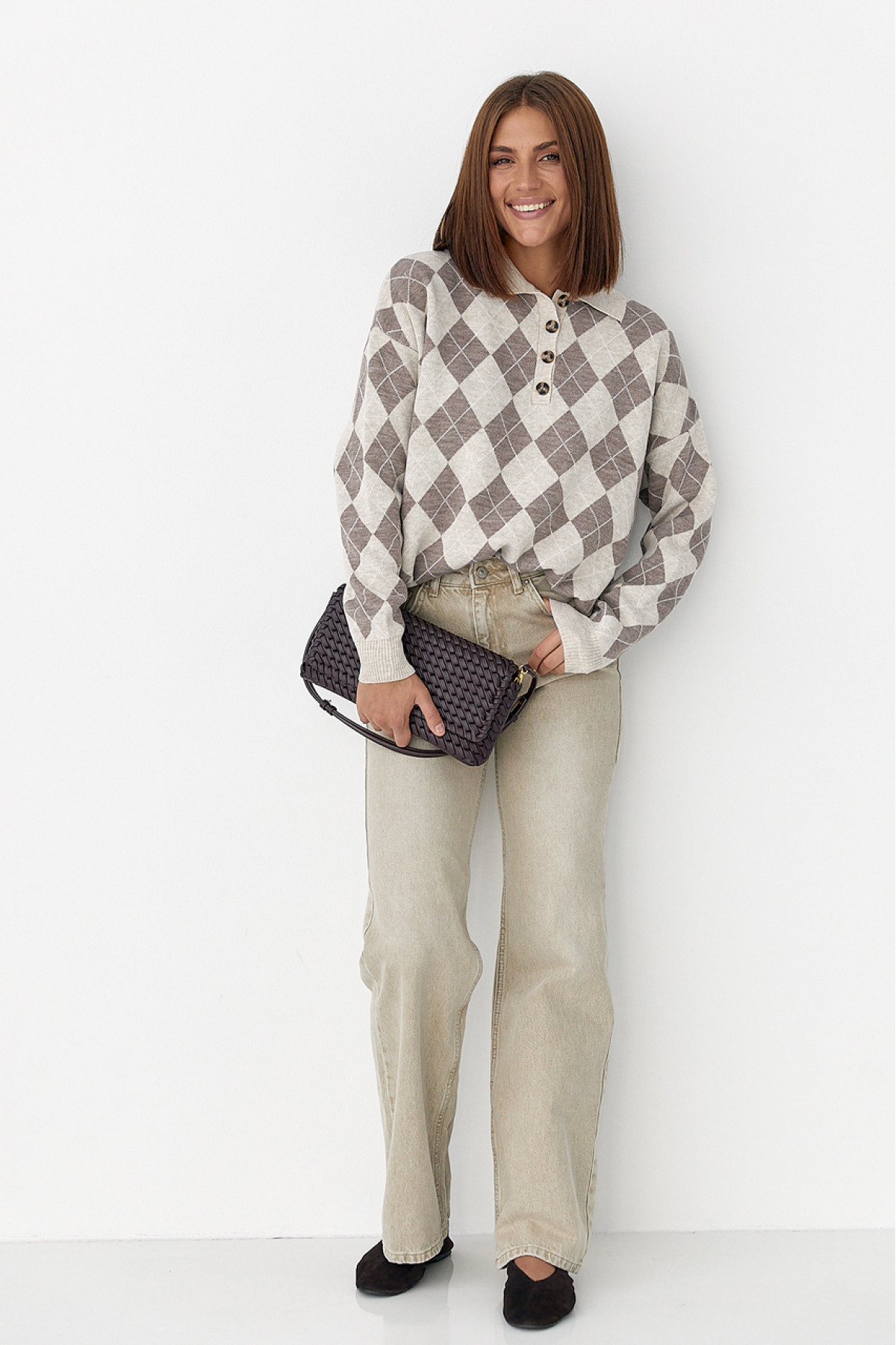 Широкі прямі жіночі джинси з високою посадкою  бежевий колір