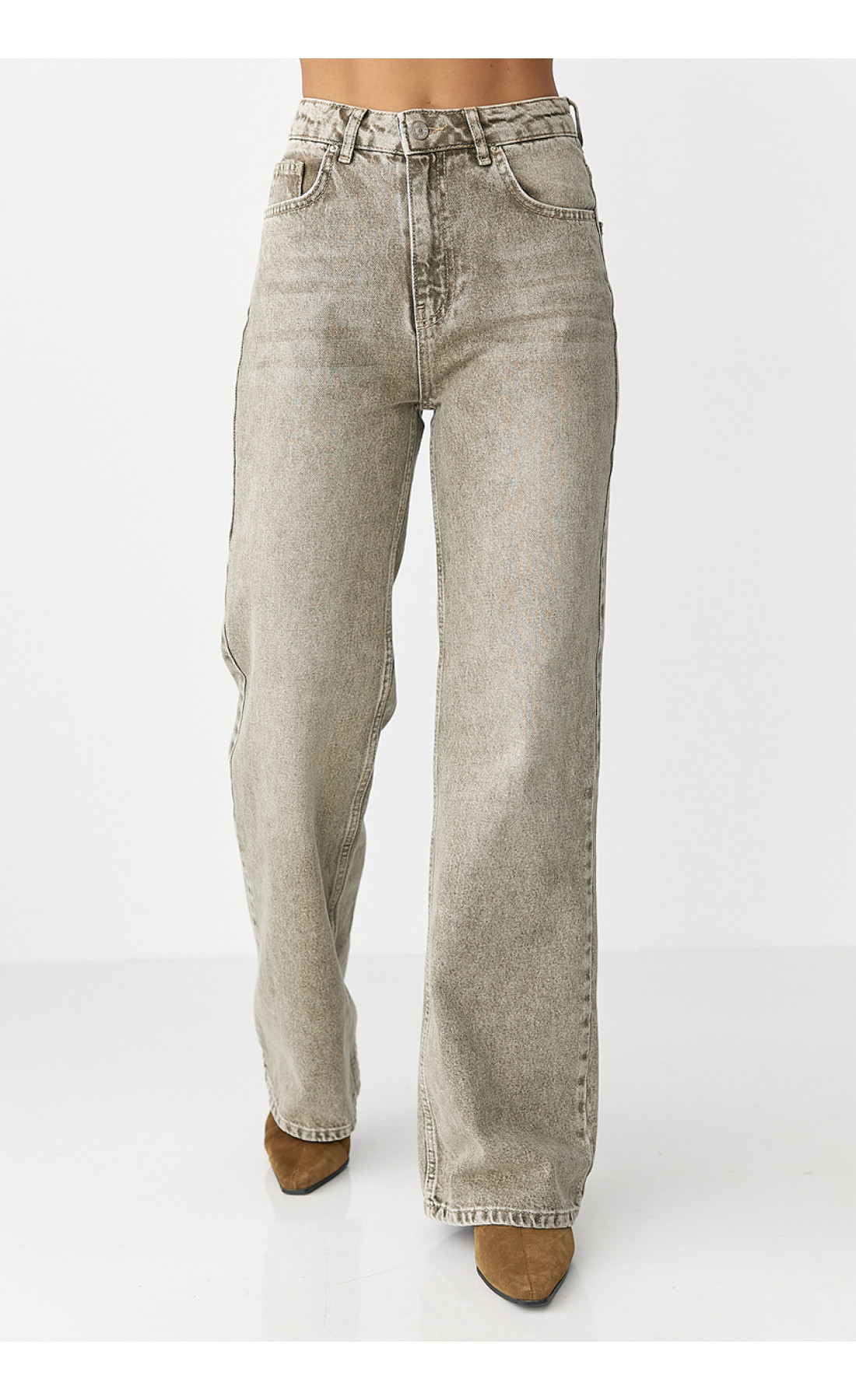 Широкі прямі жіночі джинси з високою посадкою  хакі колір