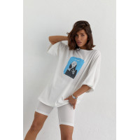 Костюм з футболкою oversize та велосипедками  молочний колір