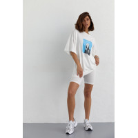Костюм з футболкою oversize та велосипедками  молочний колір