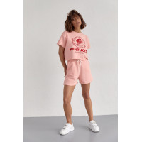 Жіночий спортивний комплект із шортами та футболкою  пудра колір