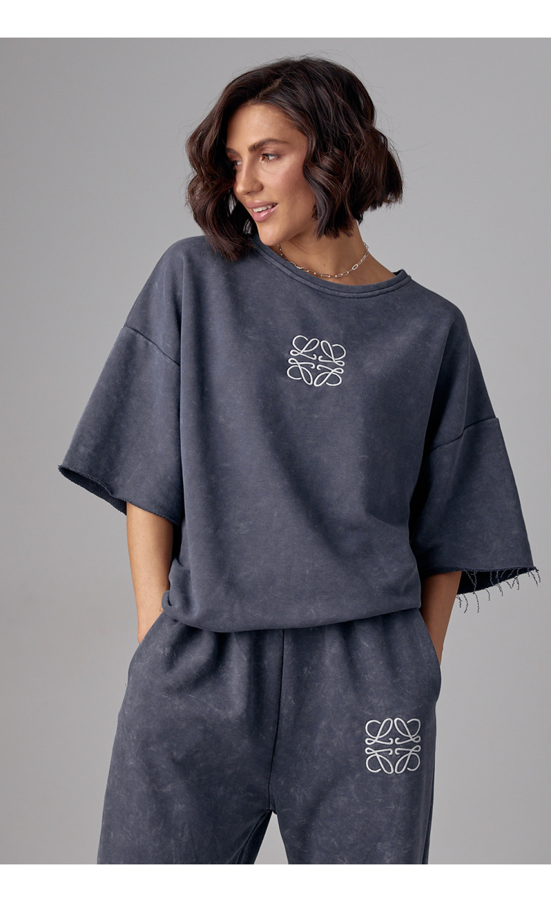 Спортивний костюм тайдай з вишивкою  сірий колір