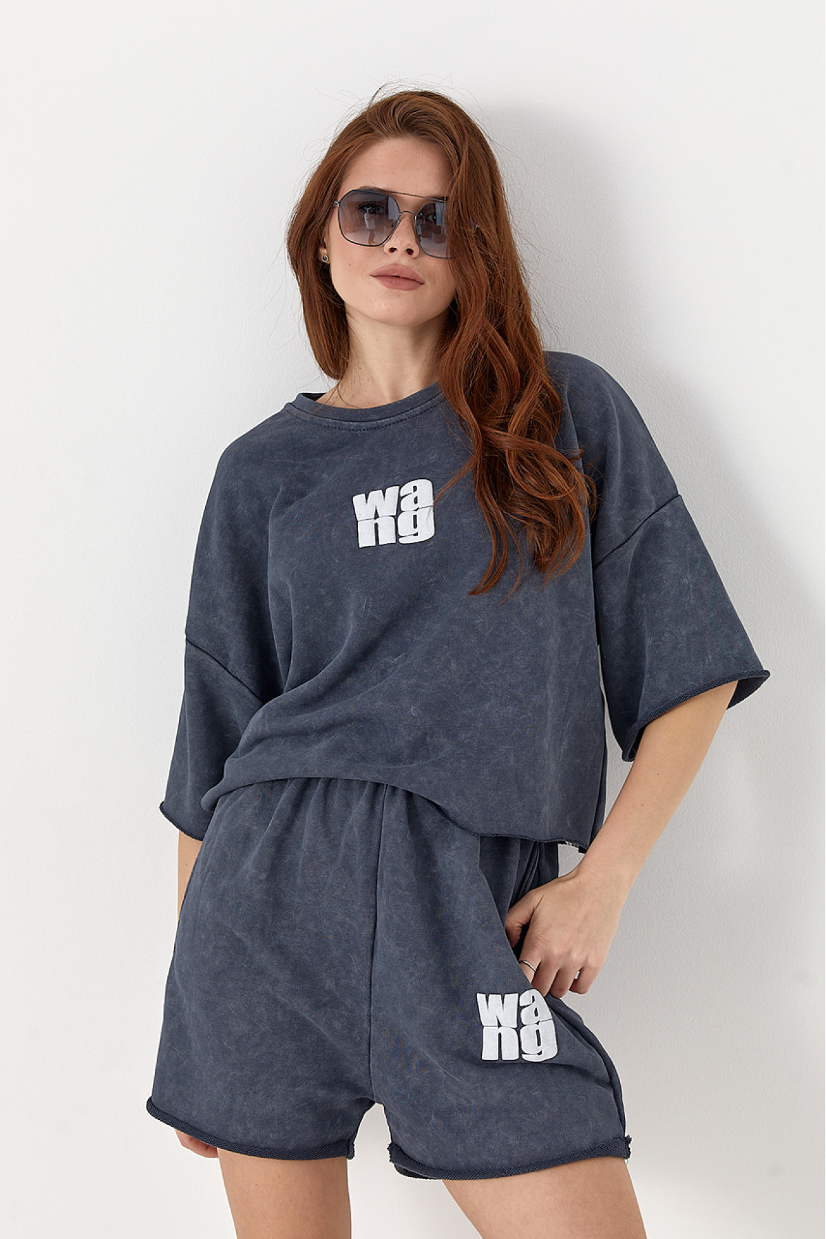 Спортивний костюм тайдай з написом Wang  темносірий колір