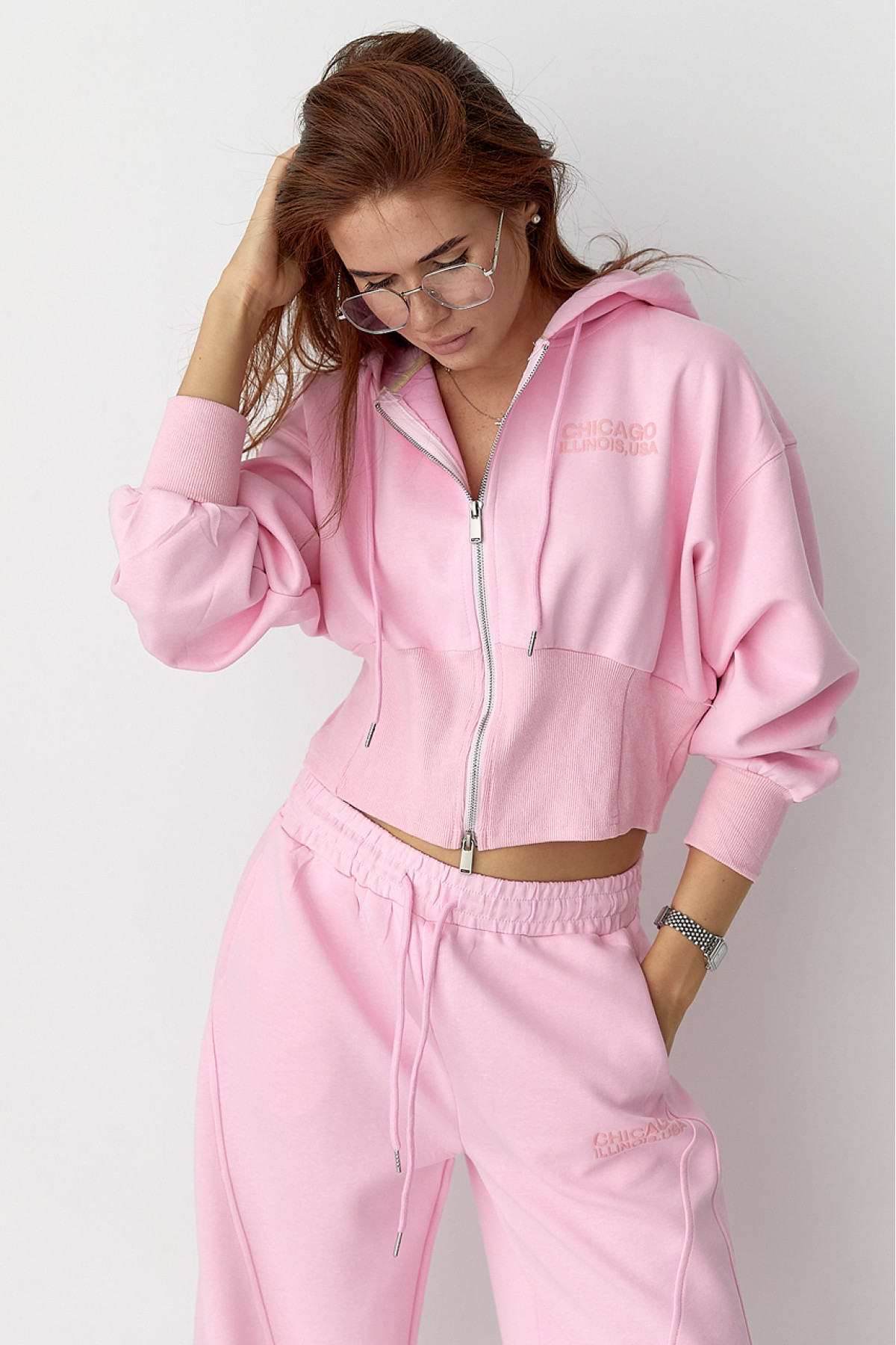 Спортивний костюм з прямими штанами та укороченим худі  рожевий колір