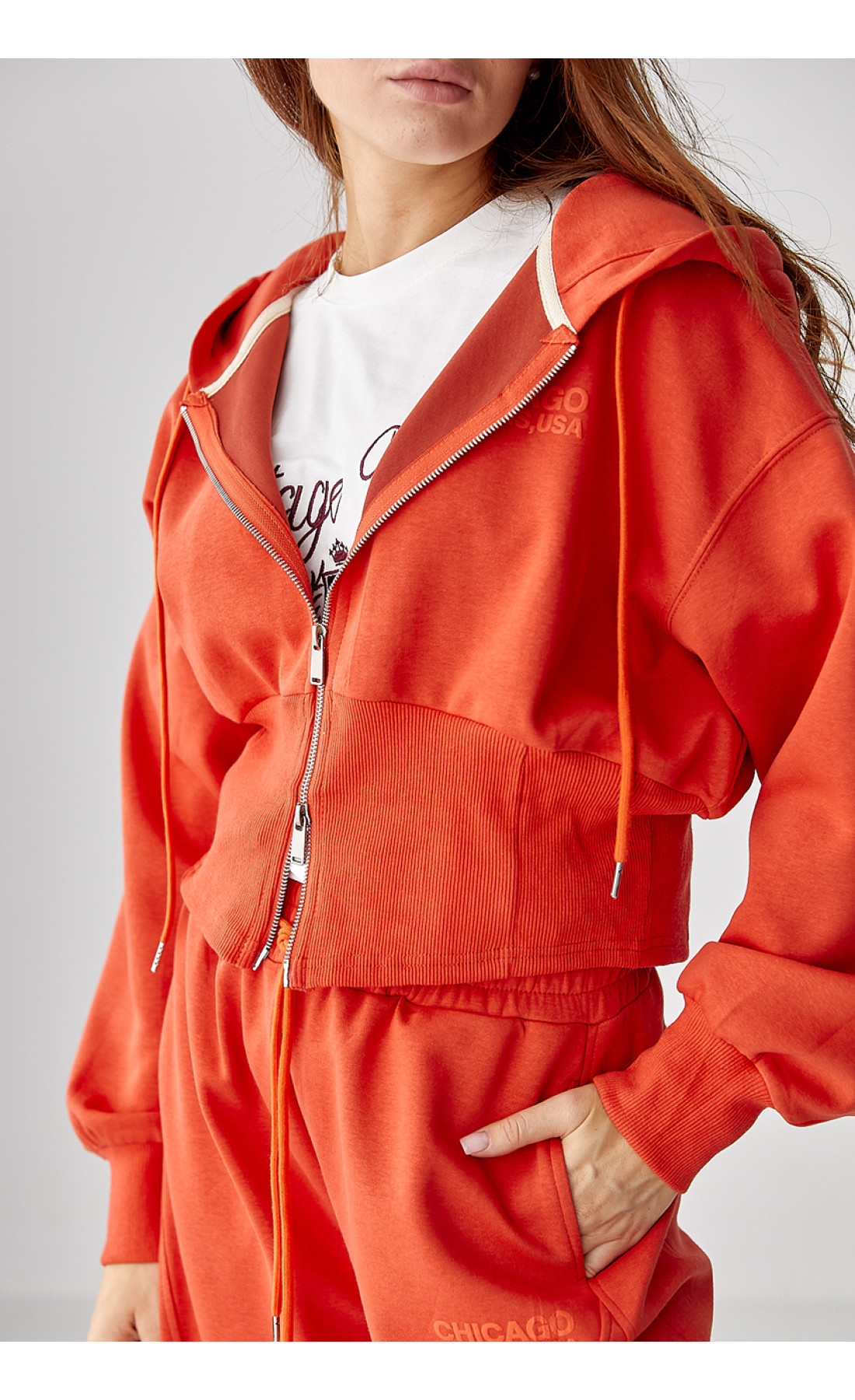 Спортивний костюм з прямими штанами та укороченим худі  теракотовий колір