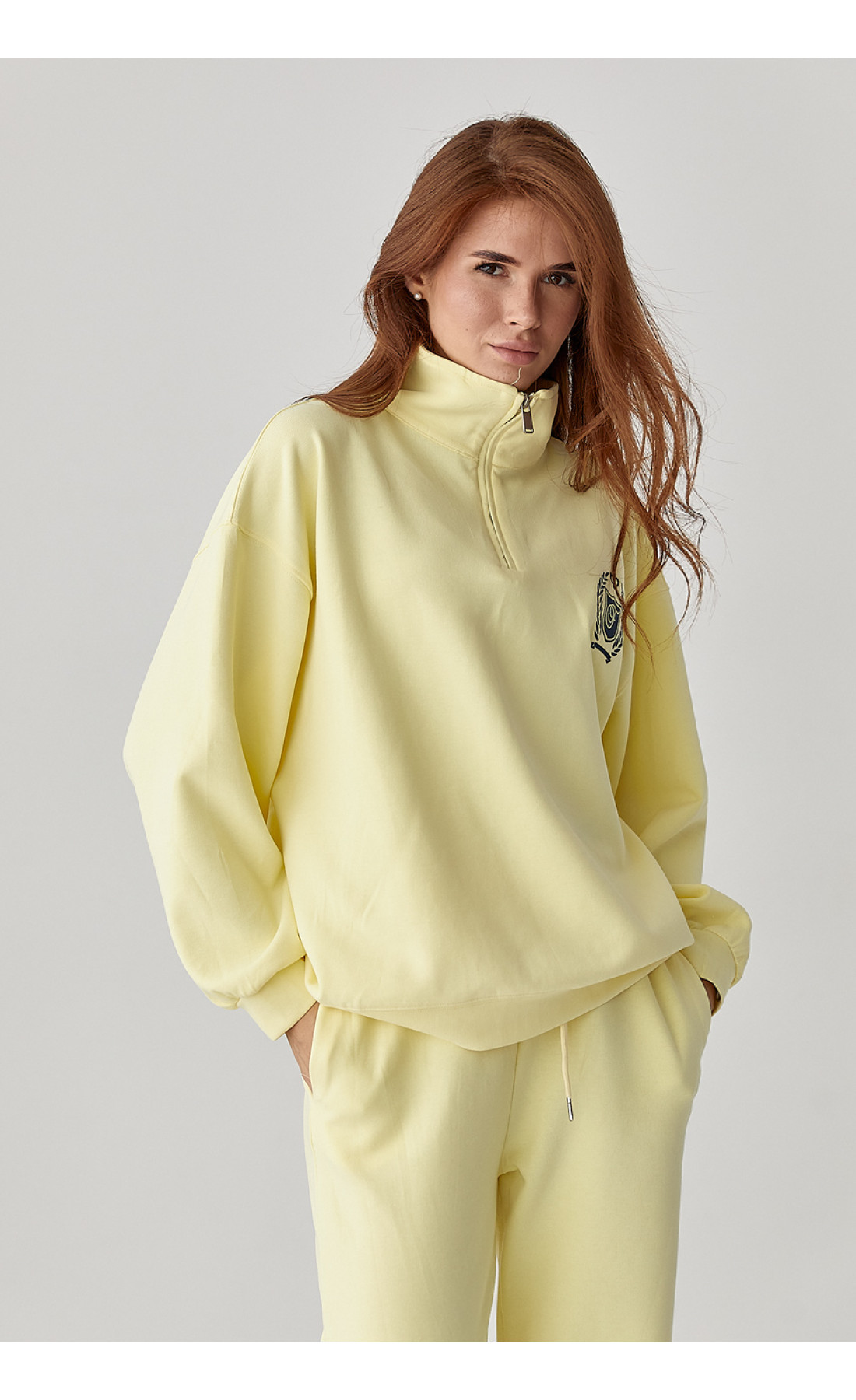 Вільний спортивний костюм зі світшотом на блискавці та прямими штанами  лимонний колір