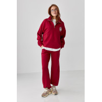 Вільний спортивний костюм зі світшотом на блискавці та прямими штанами  темночервоний колір