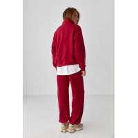 Вільний спортивний костюм зі світшотом на блискавці та прямими штанами  темночервоний колір