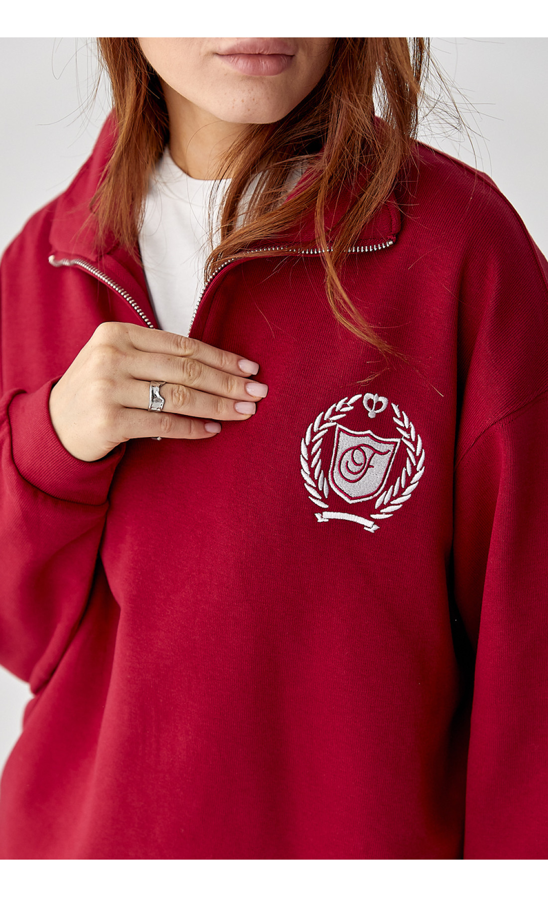 Вільний спортивний костюм зі світшотом на блискавці та прямими штанами  темночервоний колір