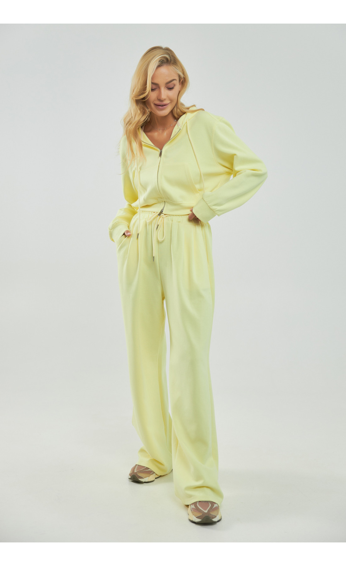 Однотонний спортивний костюм із худі з капюшоном і прямими штанами  лимонний колір