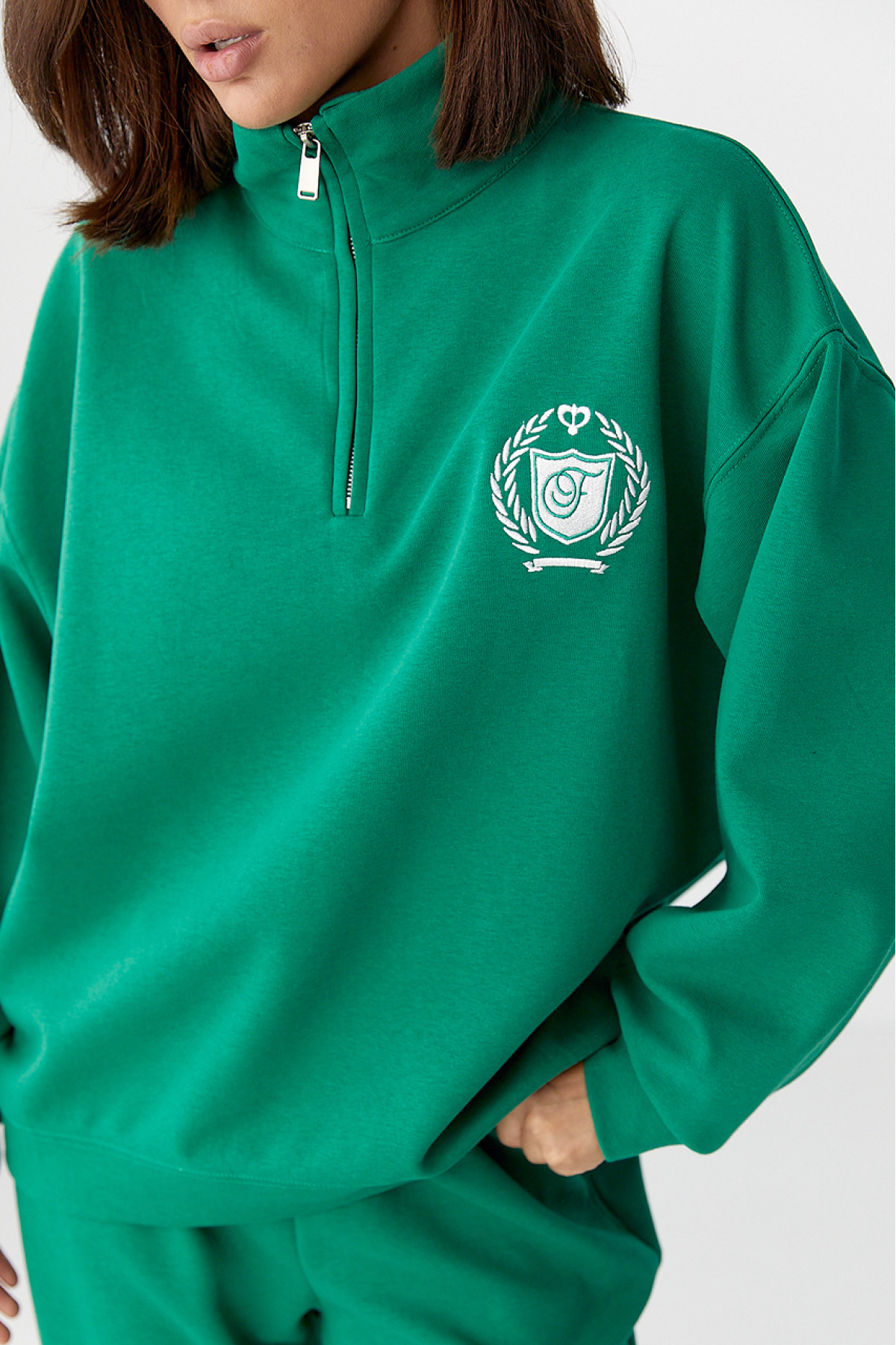 Бавовняний спортивний костюм із худі на блискавці  зелений колір