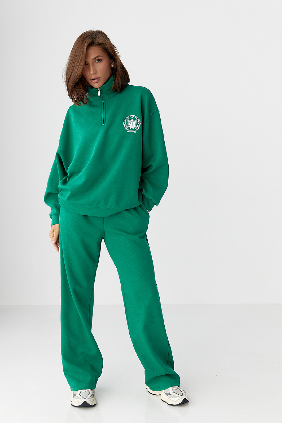 Бавовняний спортивний костюм із худі на блискавці  зелений колір