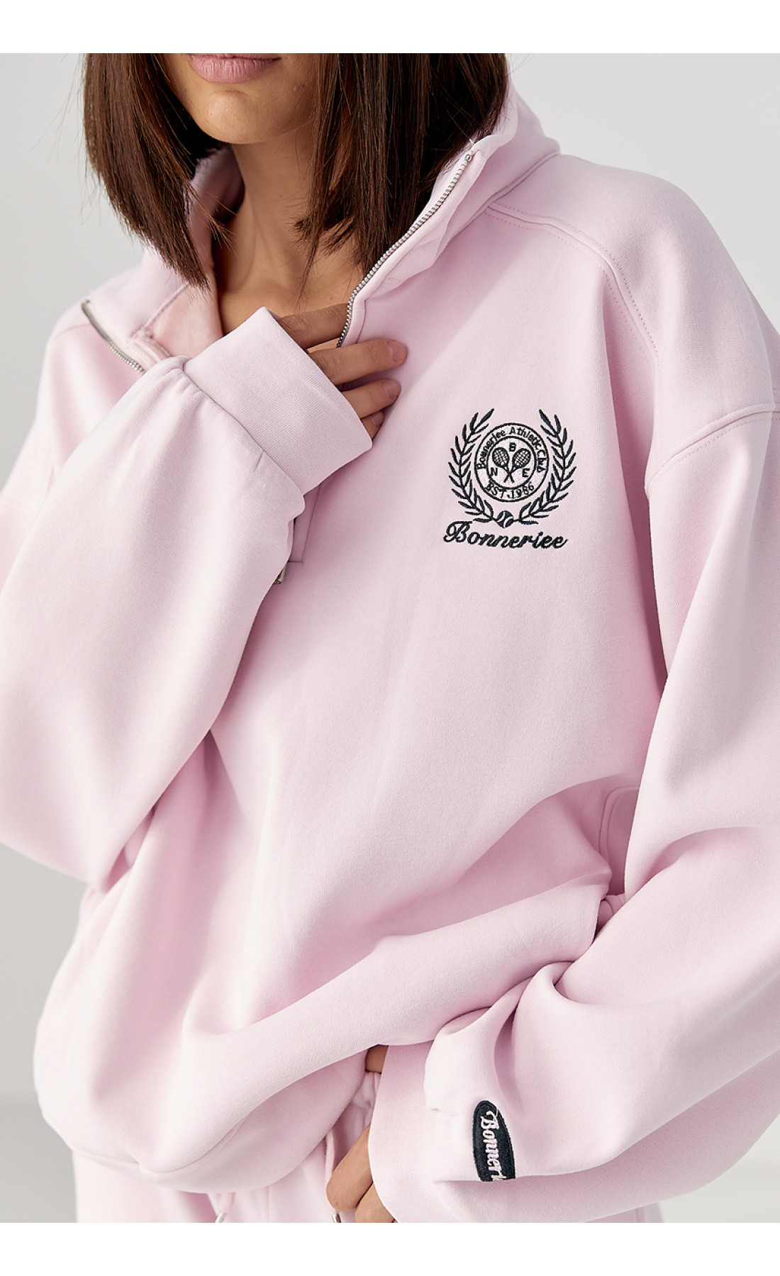 Теплий костюм з прямими штанами та світшотом на блискавці  рожевий колір