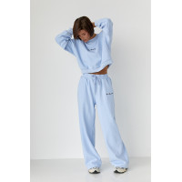 Спортивний костюм із плюшевим начосом з коротким світшотом та штанами палаццо  блакитний колір