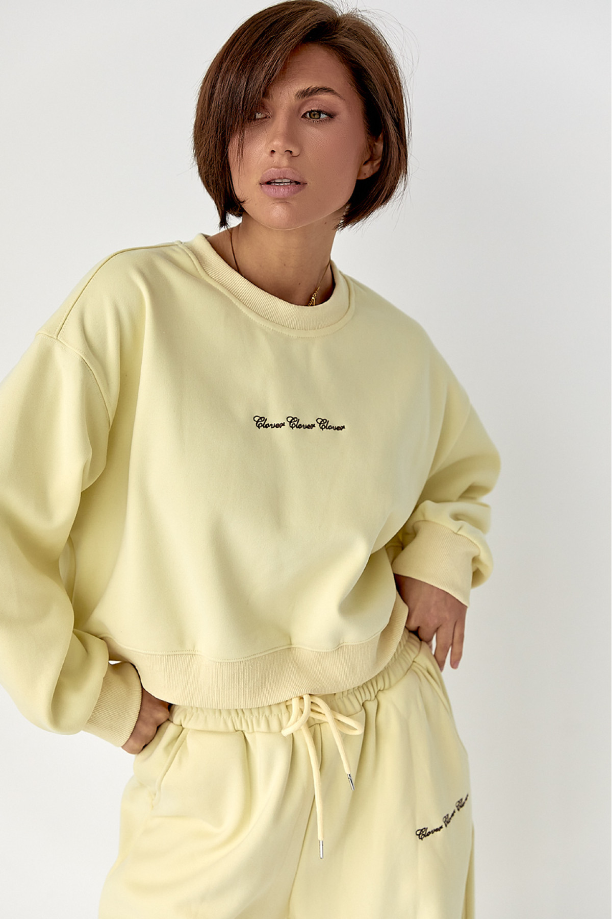 Спортивний костюм із плюшевим начосом з коротким світшотом та штанами палаццо  лимонний колір