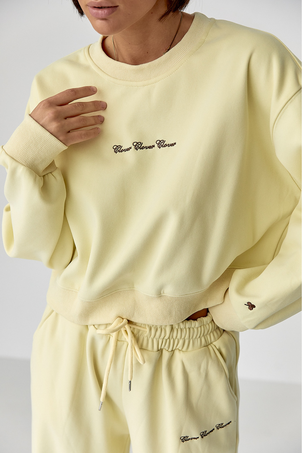 Спортивний костюм із плюшевим начосом з коротким світшотом та штанами палаццо  лимонний колір