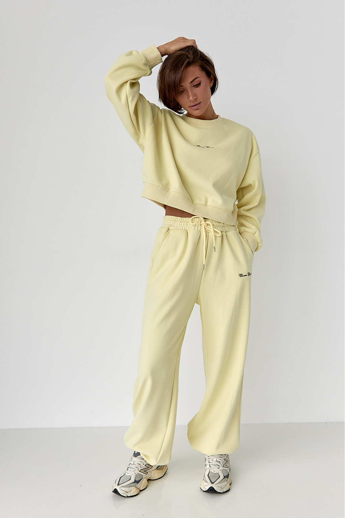 Спортивний костюм із плюшевим начосом з коротким світшотом та штанами палаццо  лимонний колір