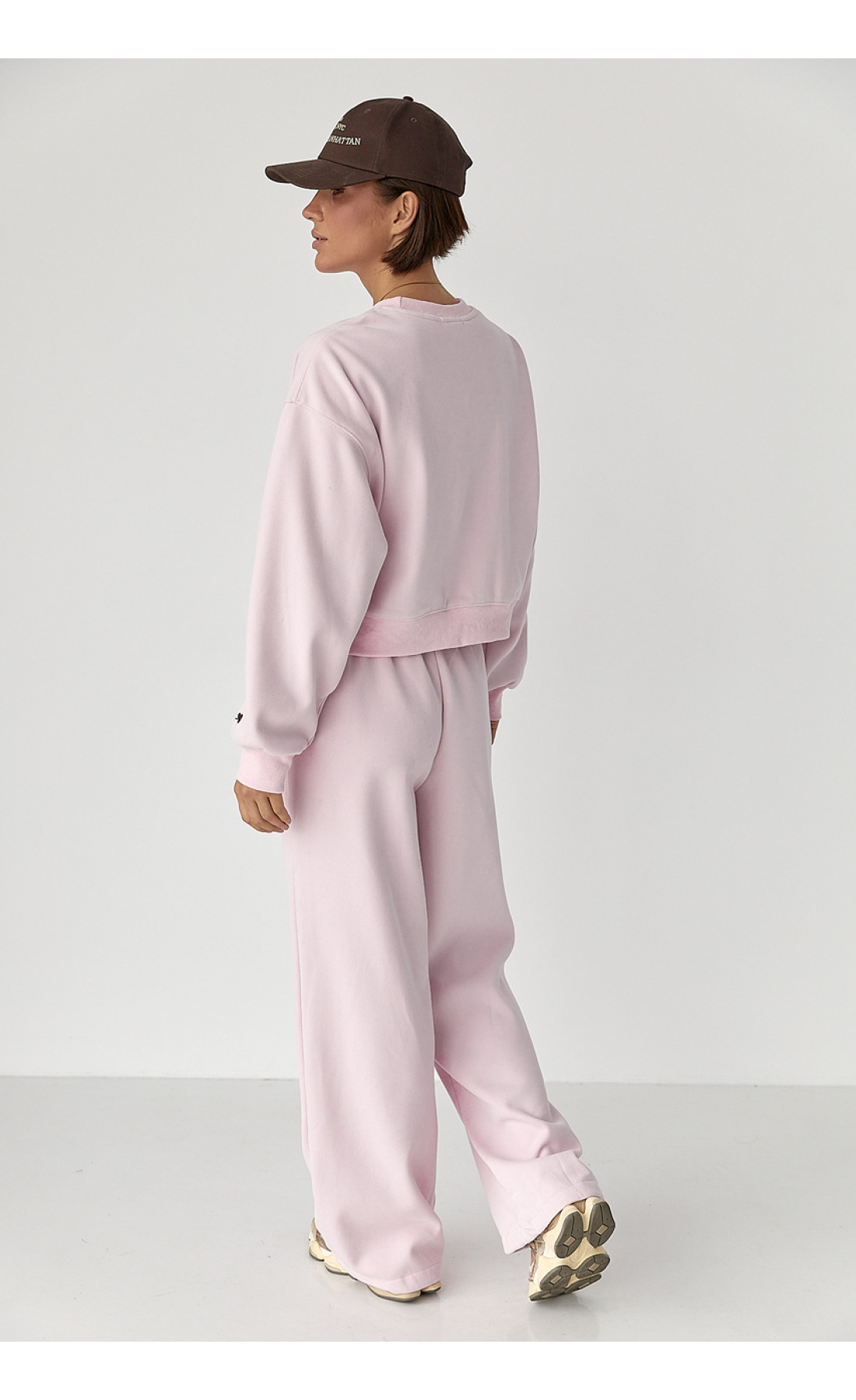 Спортивний костюм із плюшевим начосом з коротким світшотом та штанами палаццо  пудра колір