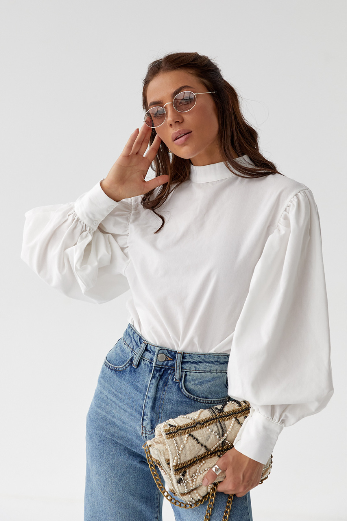 Блуза з об'ємними рукавами з накидкою та поясом EISA  зелений колір