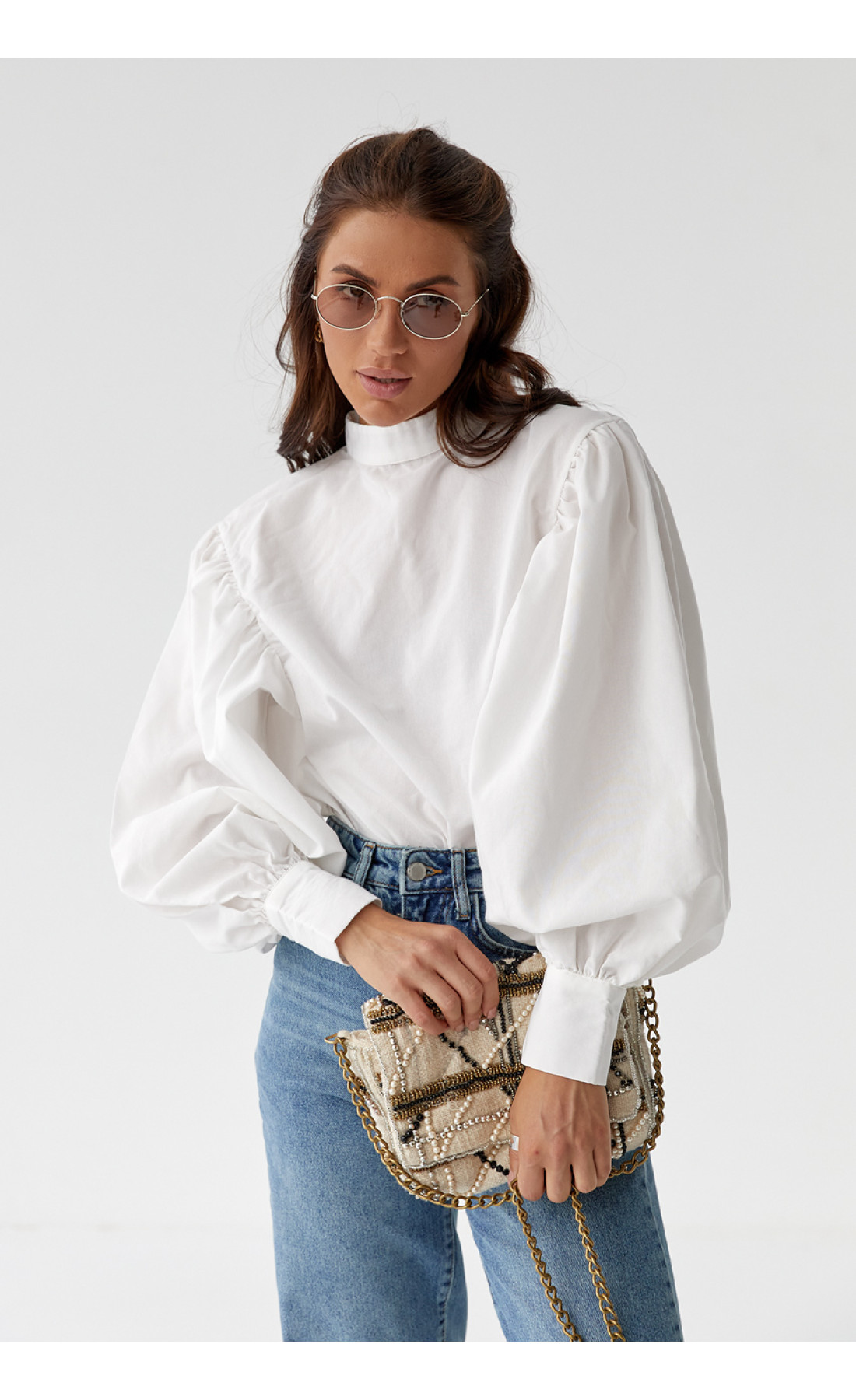 Блуза з об'ємними рукавами з накидкою та поясом EISA  зелений колір