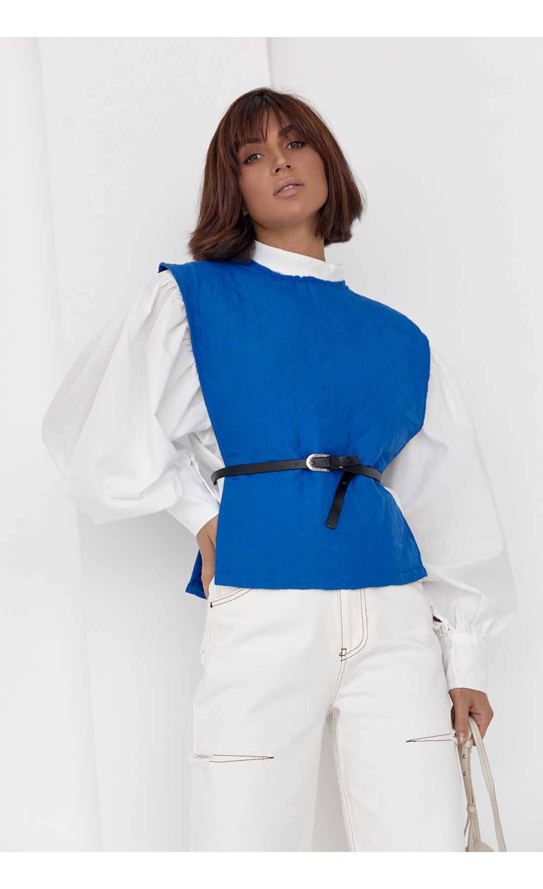 Блуза з об'ємними рукавами з накидкою та поясом EISA  синій колір