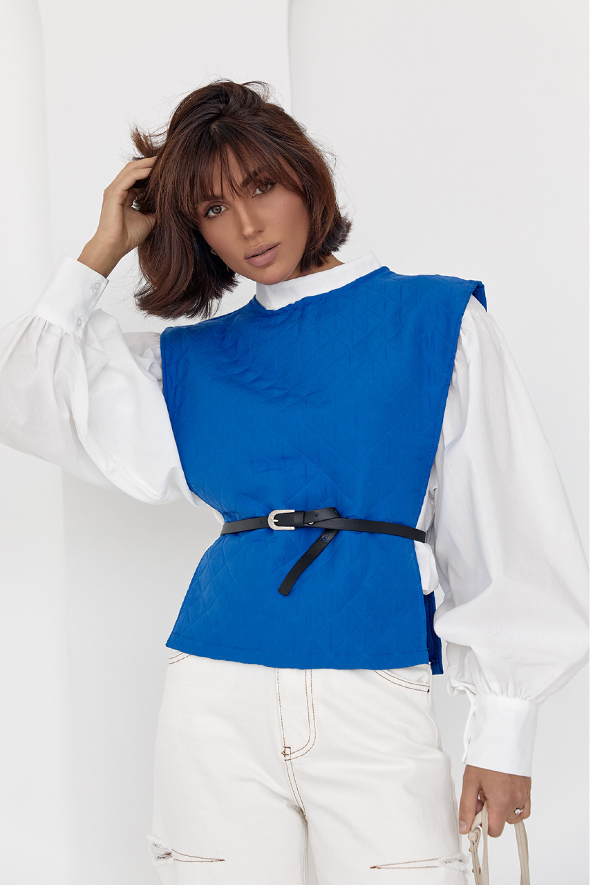 Блуза з об'ємними рукавами з накидкою та поясом EISA  синій колір