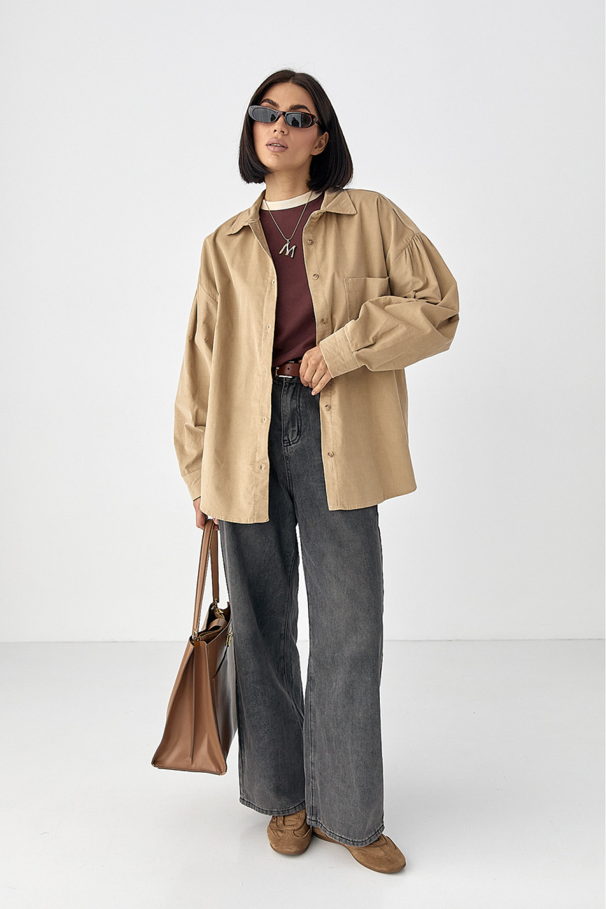 Жіноча вельветова оversize сорочка  світлокоричневий колір