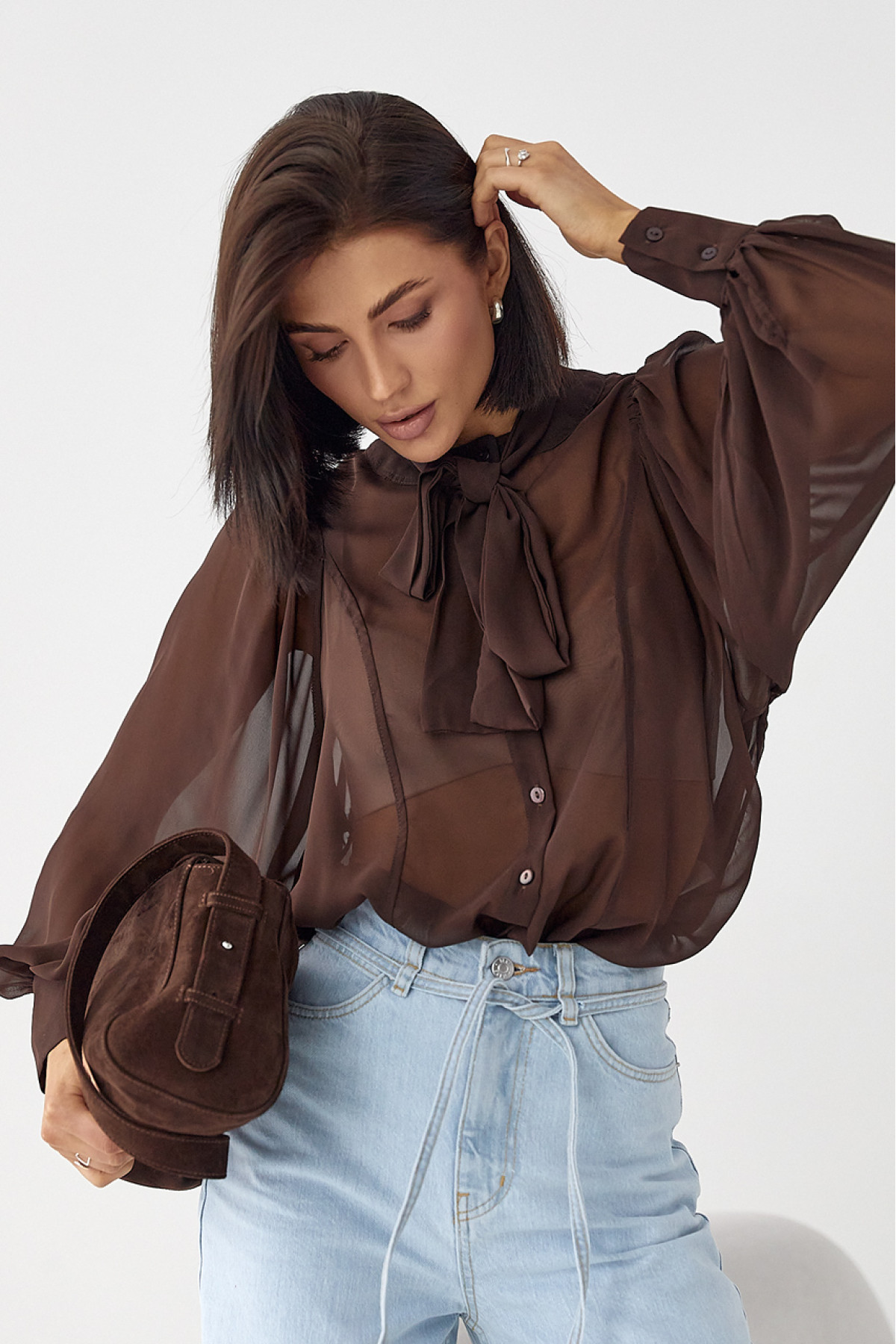 Прозора блуза з рукавамиліхтариками  коричневий колір