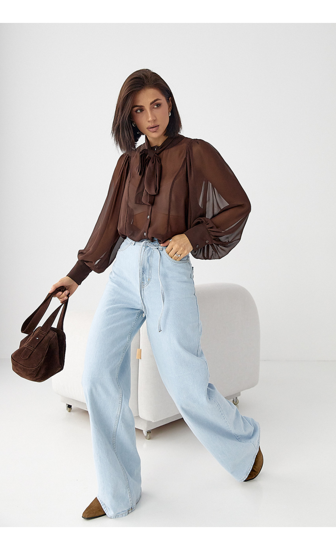 Прозора блуза з рукавамиліхтариками  коричневий колір