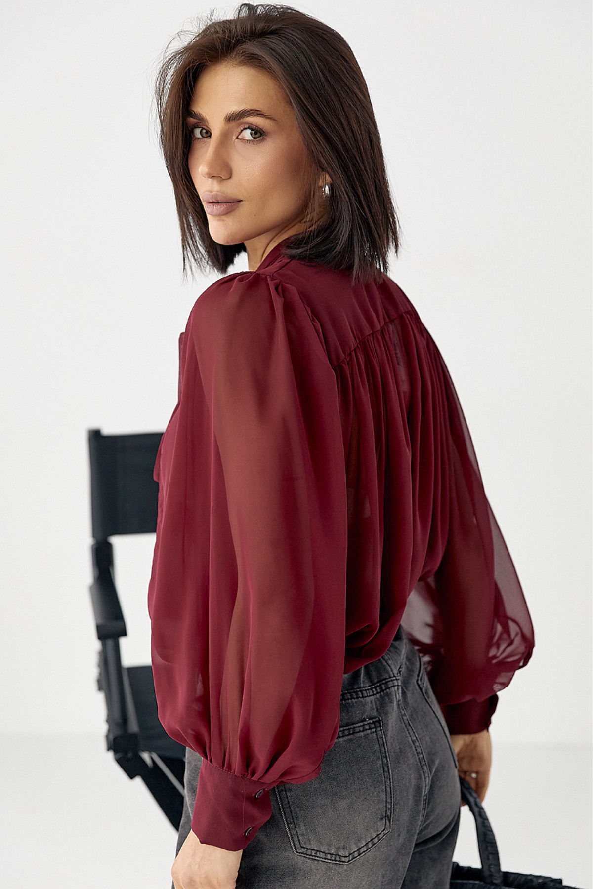 Прозора блуза з рукавамиліхтариками  бордо колір