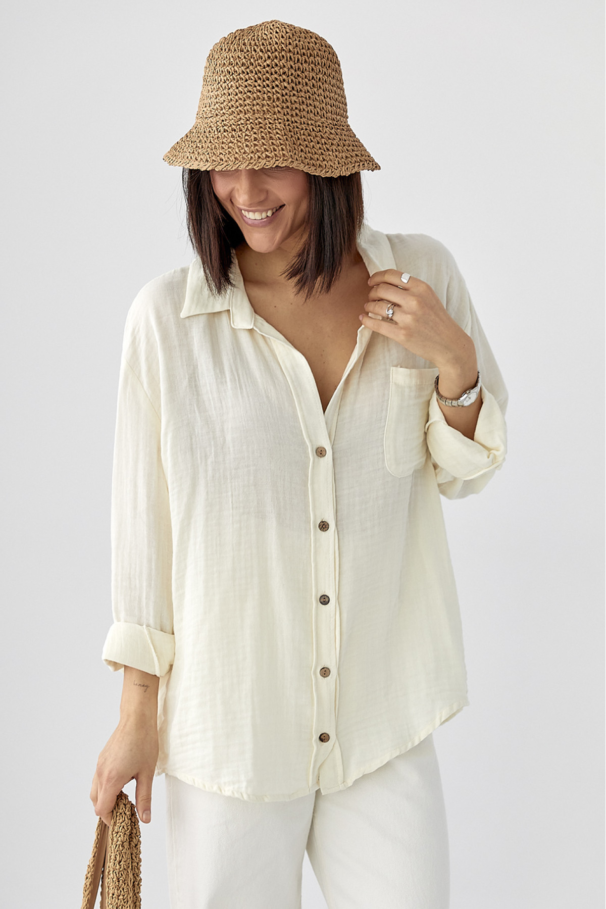 Муслінова сорочка на ґудзиках  кремовий колір