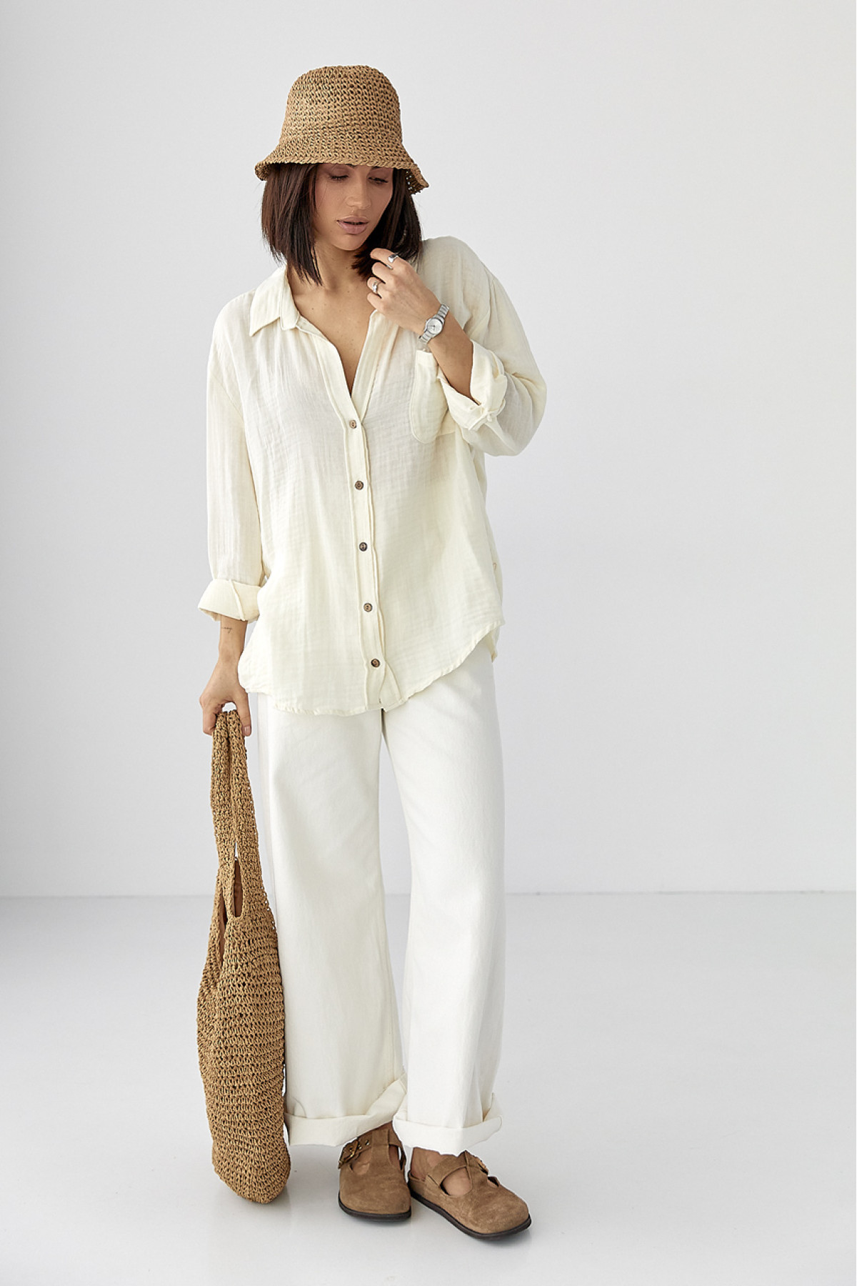 Муслінова сорочка на ґудзиках  кремовий колір