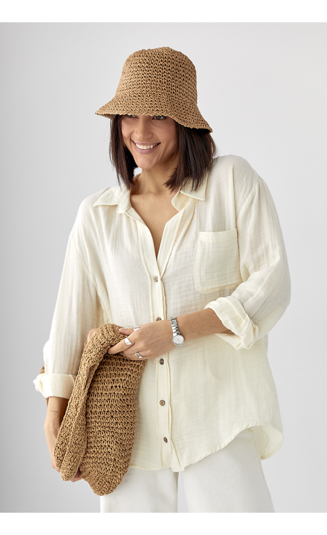 Муслінова сорочка на ґудзиках  кремовий колір