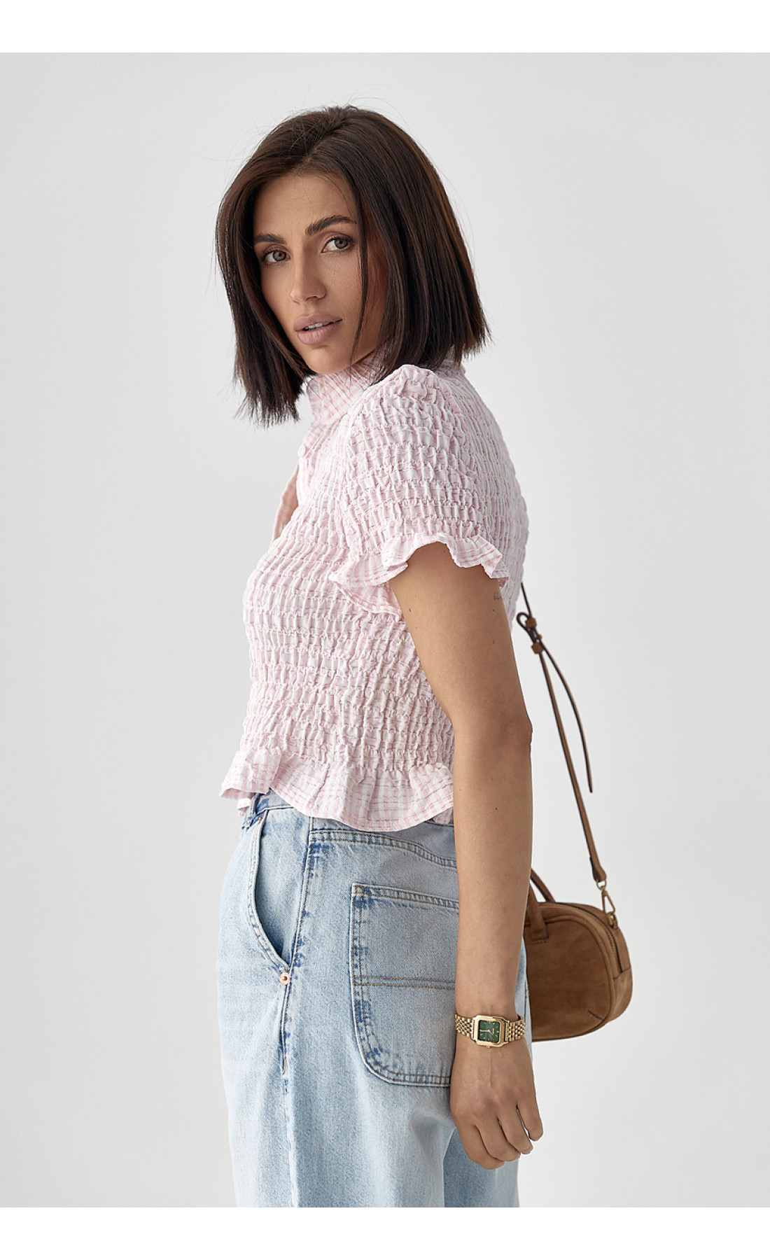 Смугаста блуза з ефектом жатки  рожевий колір