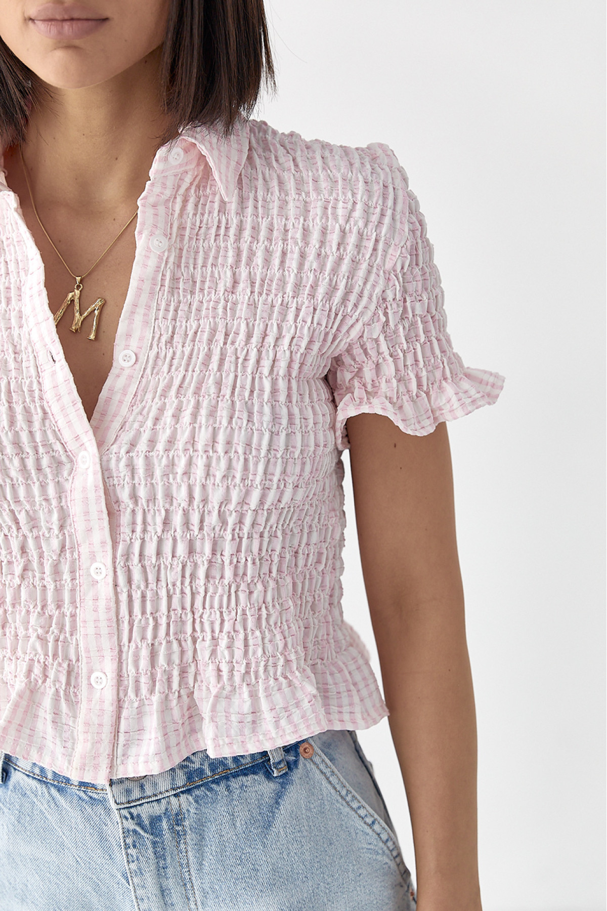 Смугаста блуза з ефектом жатки  рожевий колір