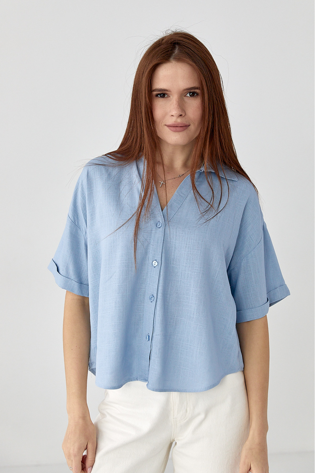 Укорочена сорочка  з напівкруглим низом  джинс колір