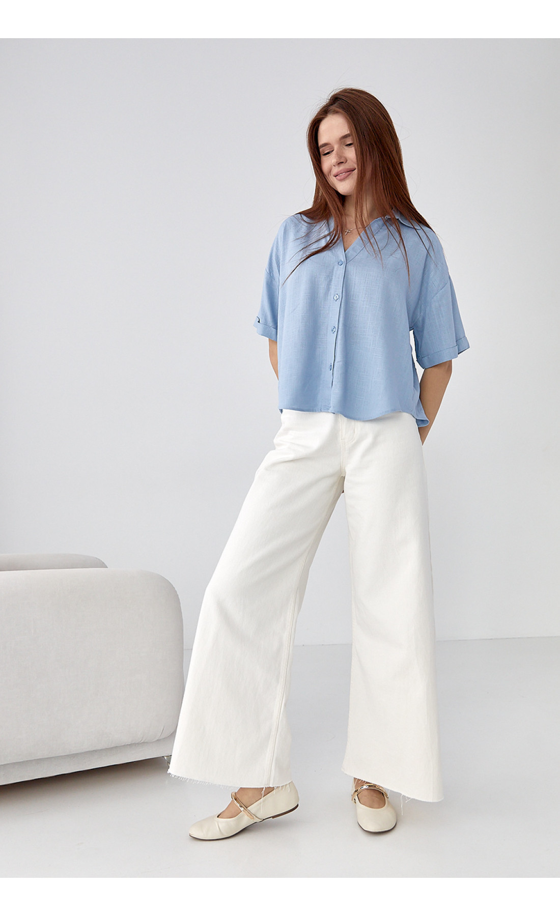 Укорочена сорочка  з напівкруглим низом  джинс колір